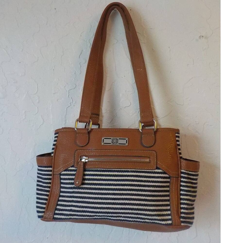 East West End Brown and Blue Stripes Shoulder Purse Faux Leather ZipUp 3 Section